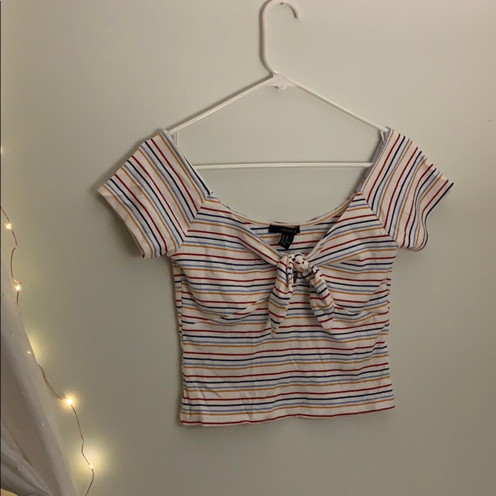 Multicolor striped crop top with tied collar